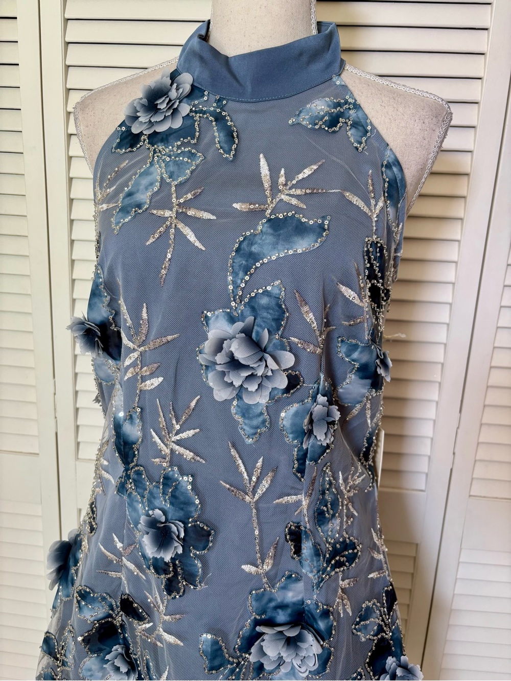 NWT Arose Studio Blue 3D Floral Embellished Beaded Anthro Cocktail Dress Large - Picture 4 of 7